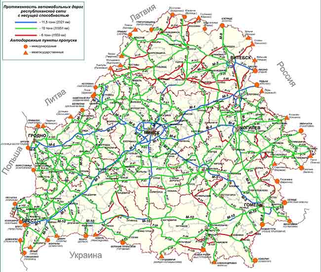 Карта несущей способности сети республиканских автомобильных дорог Беларуси