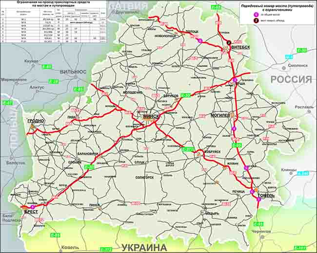 Схема маршрутов движения транзитного тяжеловесного грузового транспорта через территорию Республики Беларусь